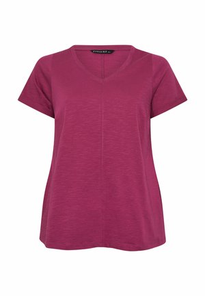 Lyhythihainen, V-kaula-aukollinen magentanvärinen naisten T-paita, jossa on keskisauma etupuolella, valkoisella taustalla.