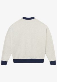Hellgrauer Pullover mit marineblauem Rippkragen und Rippbündchen. Relaxed Fit, lange Ärmel und eine glatte Textur. Rückansicht dargestellt.