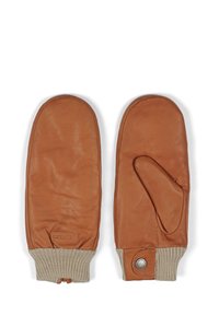 Brune lædervotter med en ribbet beige manchet og en tommelrum. Har en trykknap på manchetten for en sikker pasform.