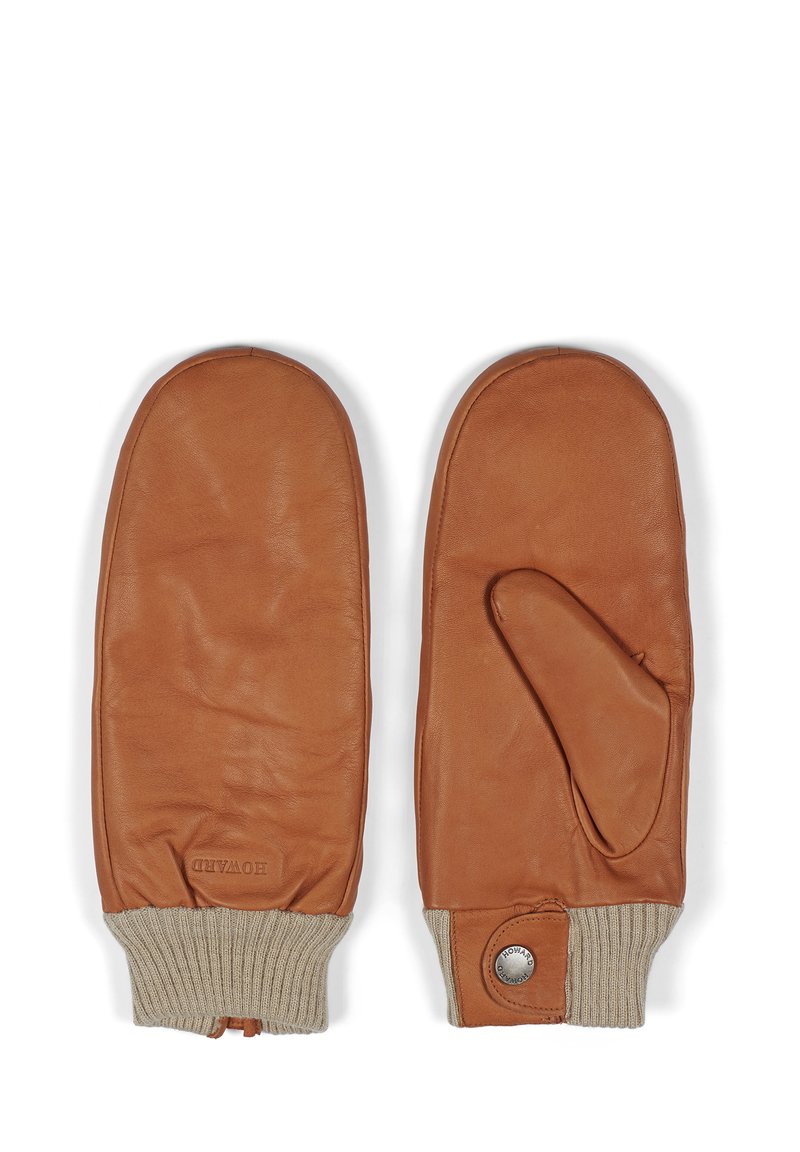 Brune lædervotter med en ribbet beige manchet og en tommelrum. Har en trykknap på manchetten for en sikker pasform.