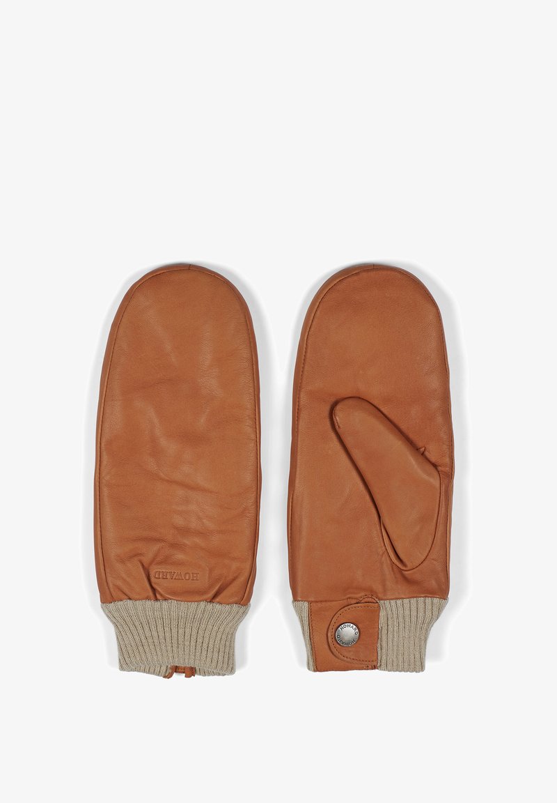 Brown leather mittens with a ribbed beige cuff and a thumb compartment. Features a snap button on the cuff for secure fit.