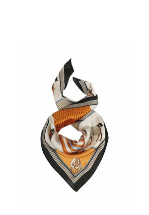 Quadratischer Seidenschal mit orange-, schwarz- und weiß gemusterten, geometrischen Designs und Pferdeillustrationen, gefaltet mit spitzen Enden.