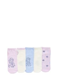 Fünf Paar Knöchelsocken in verschiedenen Pastellfarben: hellrosa, blau und creme, mit Charakterdrucken und Schneeflockenmuster.