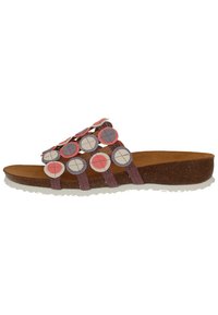 A pair of flat sandals featuring a brown cork sole, purple straps, and circular felt accents in pink, gray, and cream arranged decoratively.