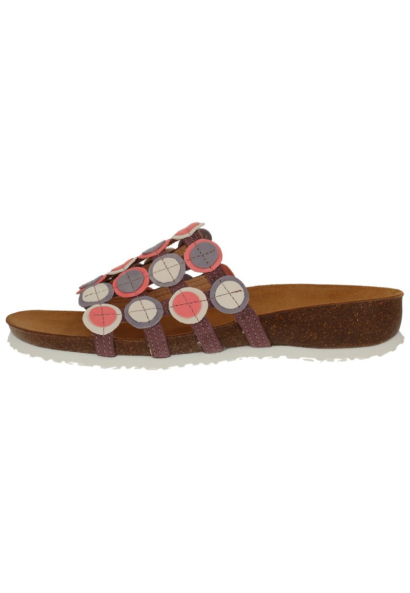 A pair of flat sandals featuring a brown cork sole, purple straps, and circular felt accents in pink, gray, and cream arranged decoratively.