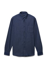 Camicia in denim blu navy scuro con bottoni, caratterizzata da maniche lunghe, una tasca frontale e un colletto classico con una leggera texture.