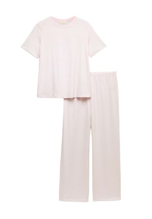 Lichtroze pyjamaset met kortärmlig shirt en lange broek. Zachte, geribbelde structuur met subtiele horizontale strepen. Elastische tailleband aan de broek.