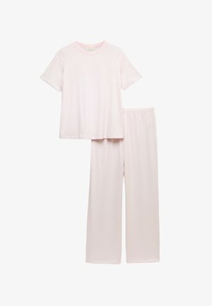 Set di pigiama rosa chiaro con maglietta a maniche corte e pantaloni lunghi. Tessuto morbido a coste con sottili righe orizzontali. Vita elastica sui pantaloni.