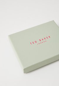 Svijetlozeleni kartonski kutija s glatkom površinom. Poklopac sadrži tekst "TED BAKER LONDON" u podebljanim crvenim slovima, centriranim na vrhu.