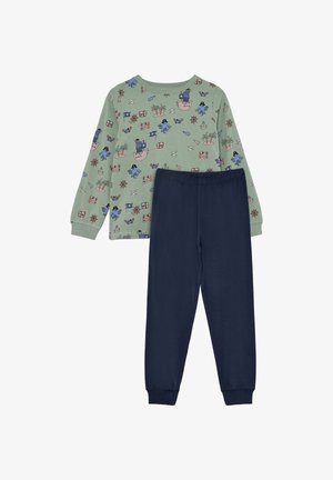 Langärmeliges grünes Oberteil mit Piratendesigns, kombiniert mit schlichten marineblauen Hosen, beide aus weichem Stoff gefertigt.