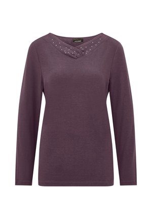 Lila Langarmshirt mit weitem V-Ausschnitt, verziert mit kleinen, glänzenden Verzierungen entlang des Halsausschnitts.
