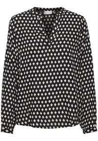 Schwarze Bluse mit langen Ärmeln und weißem geometrischem Punktmuster, V-Ausschnitt mit kurzem Stehkragen und Knopfmanschetten.