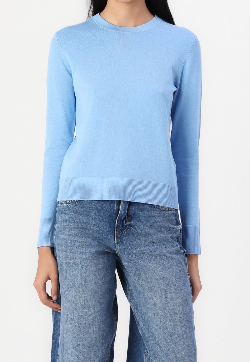 Femme portant un pull bleu clair à manches longues et un jean en denim bleu, debout devant un fond blanc.