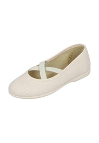 Bailarinas de tela en un beige claro con una superficie texturada y tirantes elásticos entrelazados. Suela de goma para comodidad y flexibilidad.