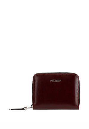 Kompakte dunkelbraune Lederbrieftasche mit Reißverschlussverschluss und dem Markennamen Picard, der vorne in der Mitte geprägt ist.