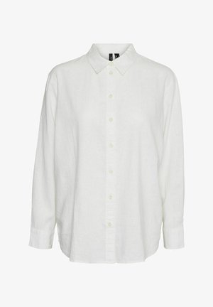Hvid linned langærmet skjorte med klassisk krave, knaplukning foran og afslappet pasform. Har subtil tekstur og lette knapdetaljer.