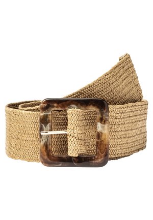 Szeroki pleciony pasek ze słomy z dużą marmurkową brązową prostokątną klamrą i metalowym zapięciem na szpilkę.