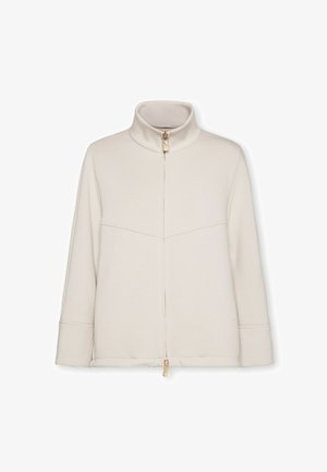 Beige Fleecejacke mit hohem Kragen, durchgehendem Reißverschluss und langen Ärmeln. Verfügt über Nahtdetails und einen goldfarbenen Reißverschlussakzent.