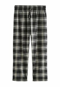 Sorte og hvide plaid pyjamabukser med elastisk talje og justerbar snor, lavet af blødt stof og med en afslappet pasform.