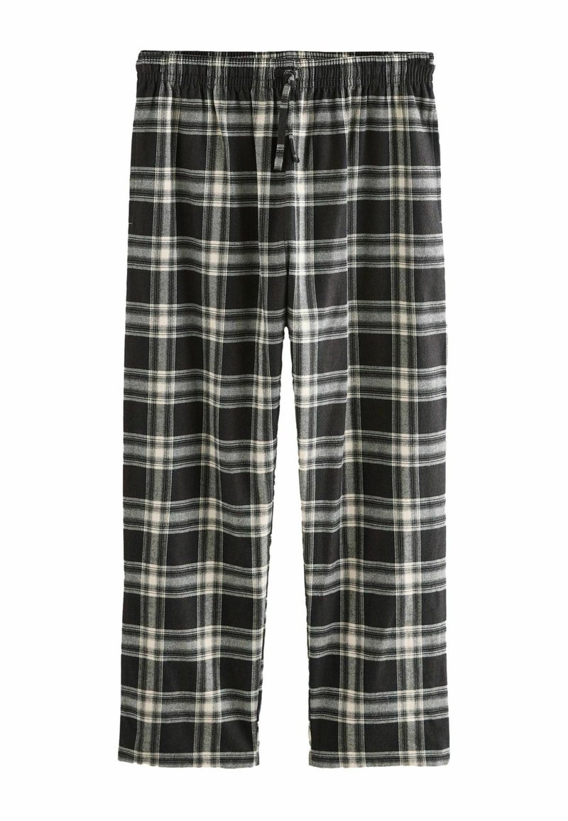 Sorte og hvide plaid pyjamabukser med elastisk talje og justerbar snor, lavet af blødt stof og med en afslappet pasform.