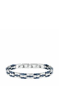 Bracciale in metallo blu e argento, caratterizzato da segmenti collegati, texture lisce e piccoli dettagli. Il design è moderno con finiture lucide.