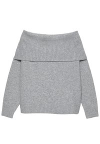 Szürke, off-the-shoulder pulóver, puha kötött anyagból. Bordás nyakkal és mandzsettákkal rendelkezik, laza szabású és minimalista varrással.