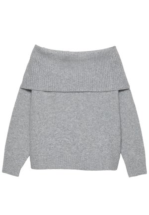 Siva pulover brez naramnic, izdelan iz mehke pletene tkanine. Ima rebrast ovratnik in manšete, sproščen kroj ter minimalne šive.