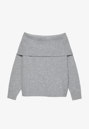 Siva pulover bez naramenica napravljen od mekog pletenog materijala. Ima rebrasti izrez i manžete, s opuštenim krojem i minimalnim šavovima.