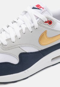 Nike tenisice s bijelim mrežastim gornjim dijelom, sivim suedenim naglascima, mornarsko plavom potplatom i zlatnim swoosh-om. Imaju bijele vezice i crvenu rupicu za vezice.