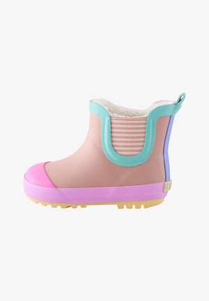 Børneankel regnstøvle i pastelrosa med lilla sål, blågrøn kant, lyserød tåhætte, stribet elastisk sidepanel og blødt hvidt for.