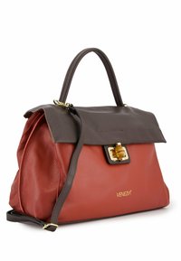 Leather handbag in dark brown and red, featuring a structured design, gold hardware clasp, and shoulder strap. Logo embossed on the front.