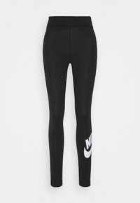 Svarta leggings i ett stretchigt material, med en hög midja och en framträdande vit Nike-logotyp på vänster ben.