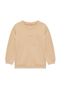 Beżowy sweter z długimi rękawami i okrągłym dekoltem. Ma na przodzie wytłoczony wzór dinozaura. Miękka, teksturowana tkanina.
