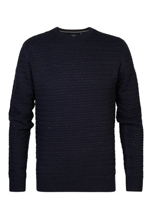 Pulover bleumarin cu un model texturat, guler rotund, mâneci lungi și manșete bătute. Fabricat dintr-un material moale, țesut.
