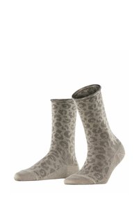 Hausschuhsocken mit Leopardenmuster in beige und grauem Strickmaterial. Knöchellänge mit glatter Textur und verstärktem Zehenbereich. Weicher Abschluss.