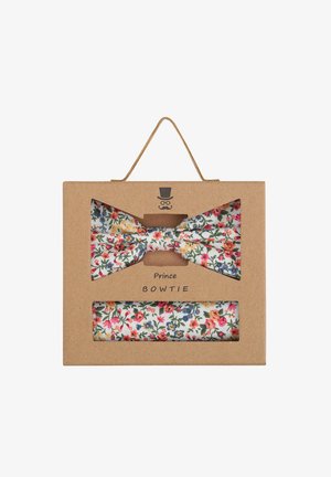 Floral-Butterfly-Krawattenset mit weißem Hintergrund und bunten Blumen. Verpackt in einer Pappschachtel mit einem transparenten Fenster.