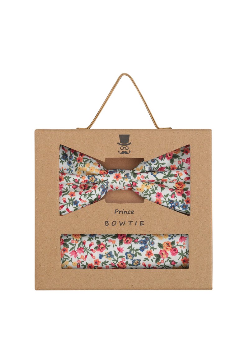 Floral-Butterfly-Krawattenset mit weißem Hintergrund und bunten Blumen. Verpackt in einer Pappschachtel mit einem transparenten Fenster.