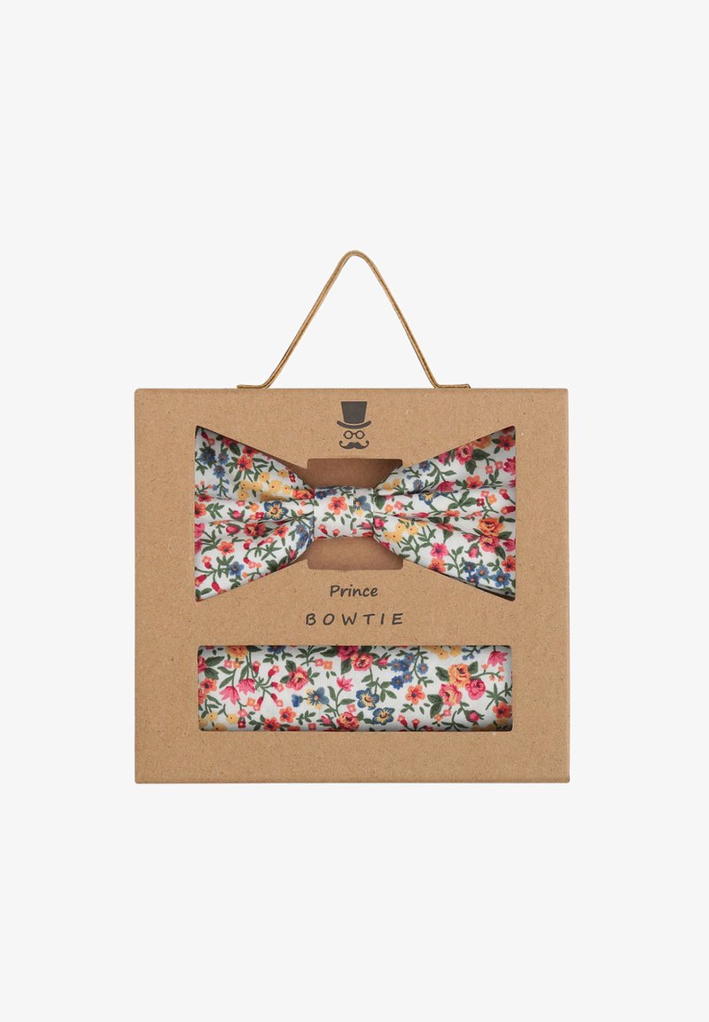 Floral-Butterfly-Krawattenset mit weißem Hintergrund und bunten Blumen. Verpackt in einer Pappschachtel mit einem transparenten Fenster.