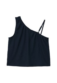 Tamno plavi top s jednim ramenom izrađen od teksturiranog materijala, labavog kroja i podesivim remenom. Ima nabran detalj duž izreza.