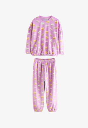 Lyserødt sæt med langærmet top og bukser til børn med elastiske manchetter, med flerfarvede katteansigtsmønstre over det hele.