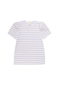 Randig kortärmad skjorta i lavendel och vitt, med rund halsringning och puffärmar, tillverkad av mjuk bomullstyg.