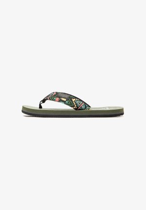 Black flip-flop sandal with an embroidered strap featuring a geometric pattern in green, pink, and yellow. Cushioned green footbed and black sole.