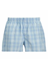 Boxer homme en coton à carreaux bleu clair et blanc avec une ceinture élastique et une ouverture à l'avant.