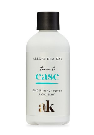 White, cylindrical bottle with a black cap. Label features "time to ease" in turquoise, with "GINGER, BLACK PEPPER & CB2-SKIN™" text below.