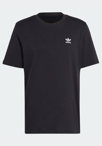 Camiseta de algodón negra con cuello redondo y mangas cortas. Presenta un pequeño logo blanco de Adidas en el pecho. Diseño sencillo, fabricada con tejido ligero.