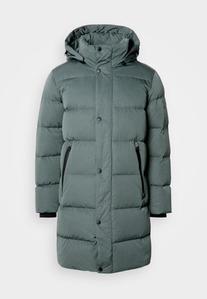 Gewatteerde groene parka met een capuchon, voorzien van drukknoopsluitingen, zijzakken met ritssluiting en zwarte accenten bij de manchetten. Glad, gemêleerd materiaal.