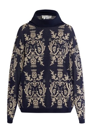 Navyblauer Pullover mit Muster, der einen hohen Kragen, aufwendige cremefarbene Blumen- und Vogelmotiv, überschnittene Schultern sowie gerippte Bündchen und Saum aufweist.