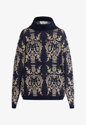 Pulover s mornarskim uzorkom koji se odlikuje visokim ovratnikom, složenim krem cvjetnim i ptičjim motivima, spuštenim ramenima i rebrastim rukavima i rubom.