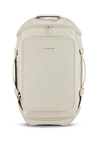 Zaino beige con forma rettangolare, tessuto liscio, chiusura a doppia cerniera e manico laterale. Presenta un logo di marca discreto sulla parte anteriore.