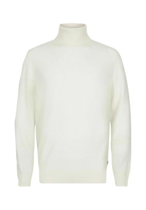 Maglione a collo alto color crema, realizzato in morbido materiale lavorato a maglia, con collo alto e polsini e orlo a coste, che offre una vestibilità rilassata e una texture liscia.